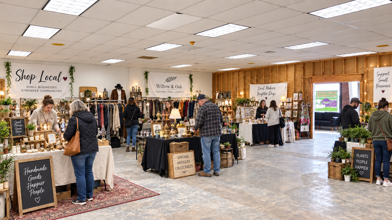 A concept view of an active indoor community marketplace with independent businesses